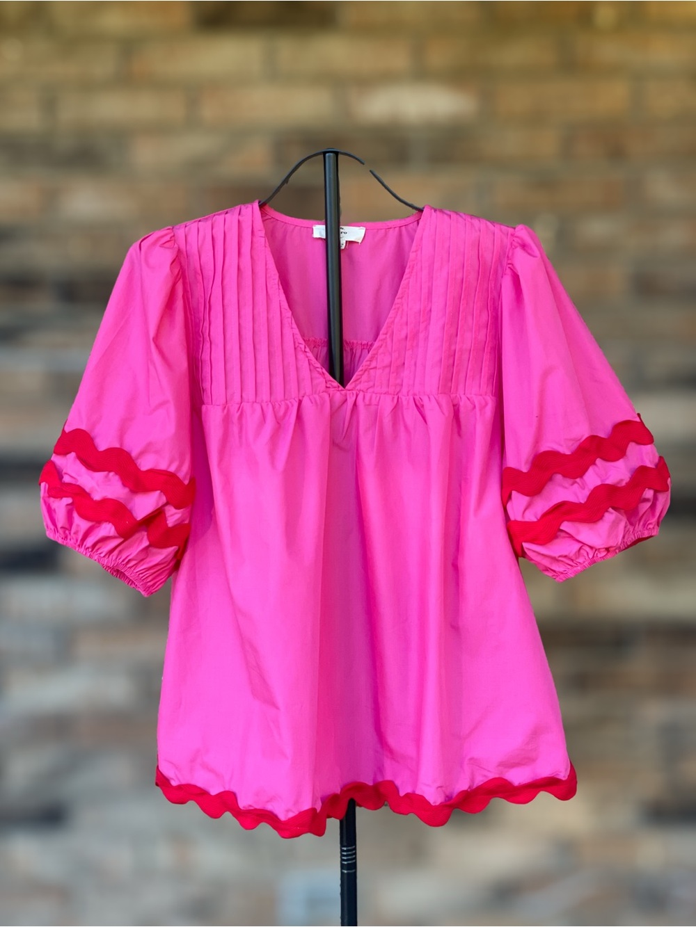 Entro Hot Pink Red Ric Rac Puff Sleeve Babydoll Blouse Large